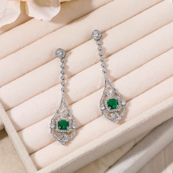 Unbranded Jewelry - Silver Green Cubic Zirconia and Simulated Emerald Drop Earrings